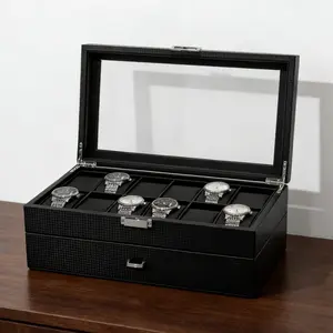 Luxury Watch Organizer Box with Lock and Large Glass Window,Carbon Fiber Watch Display Storge Case,Best Ideal Gift for Men & Dad