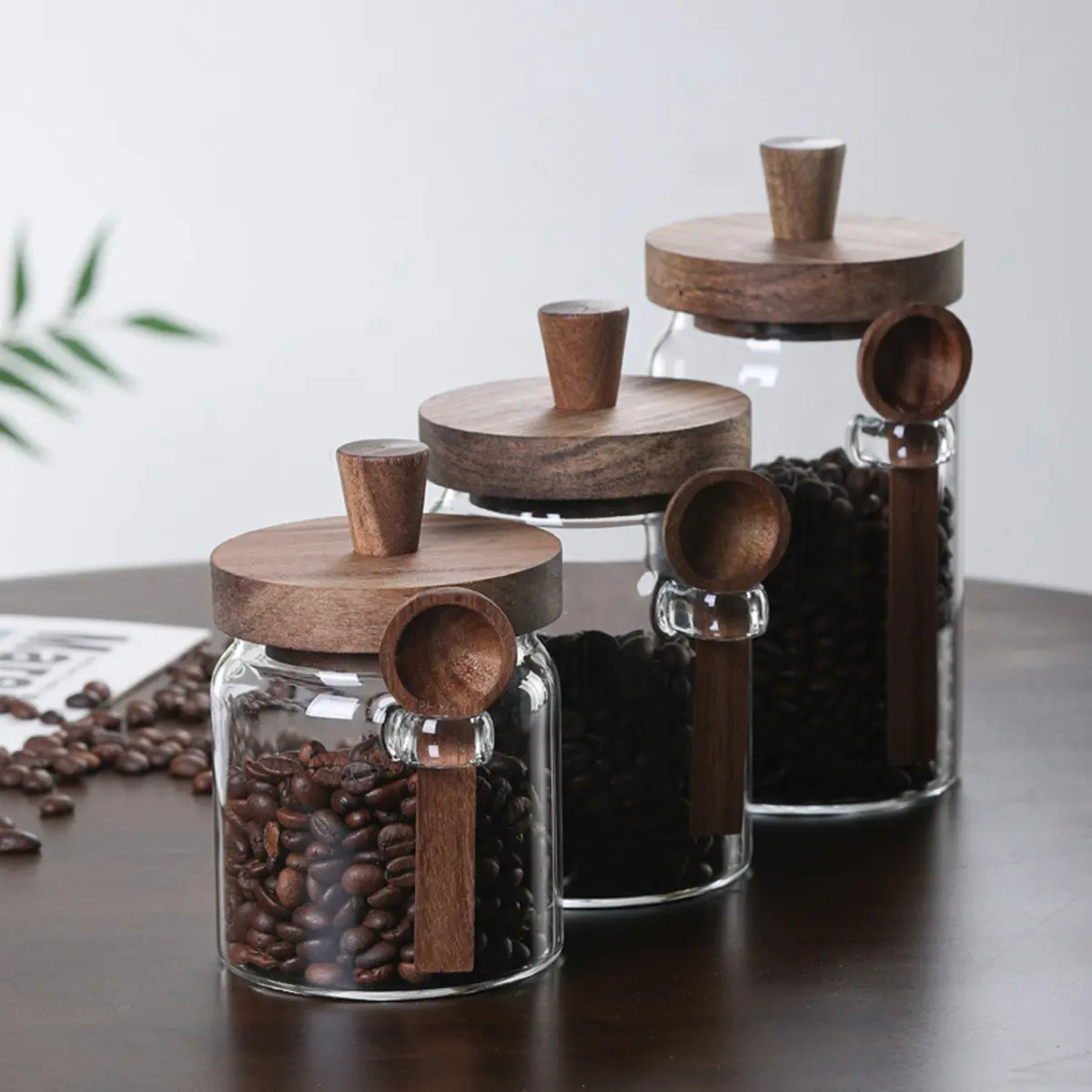 Kitchen Utensils 3-Piece Sturdy Glass Canisters Set with Bamboo Lids, Silicone Spoons, Pantry Storage Containers for Coffee, Tea, Sugar, Decorative Countertop Organization & Food Preservation
