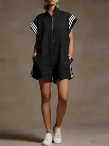 Women's Sleeveless Romper, Zipper Stand Collar Striped Colorblock Fashion Design, Comfortable Fit, Ideal for Summer Casual Wear