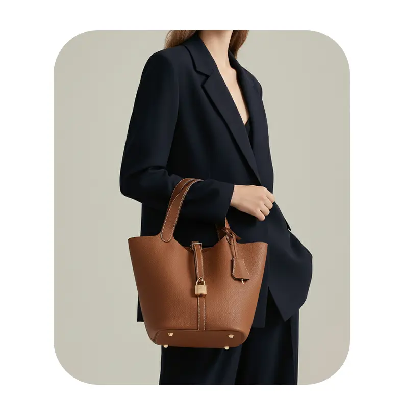 SADI solid-color handbag includes a small storage pouch; women’s real cowhide leather fashionable classic picnic basket suitable for everyday use; unique large water bucket bag with high water resistance and a 22 cm capacity.genuine leather mom bag