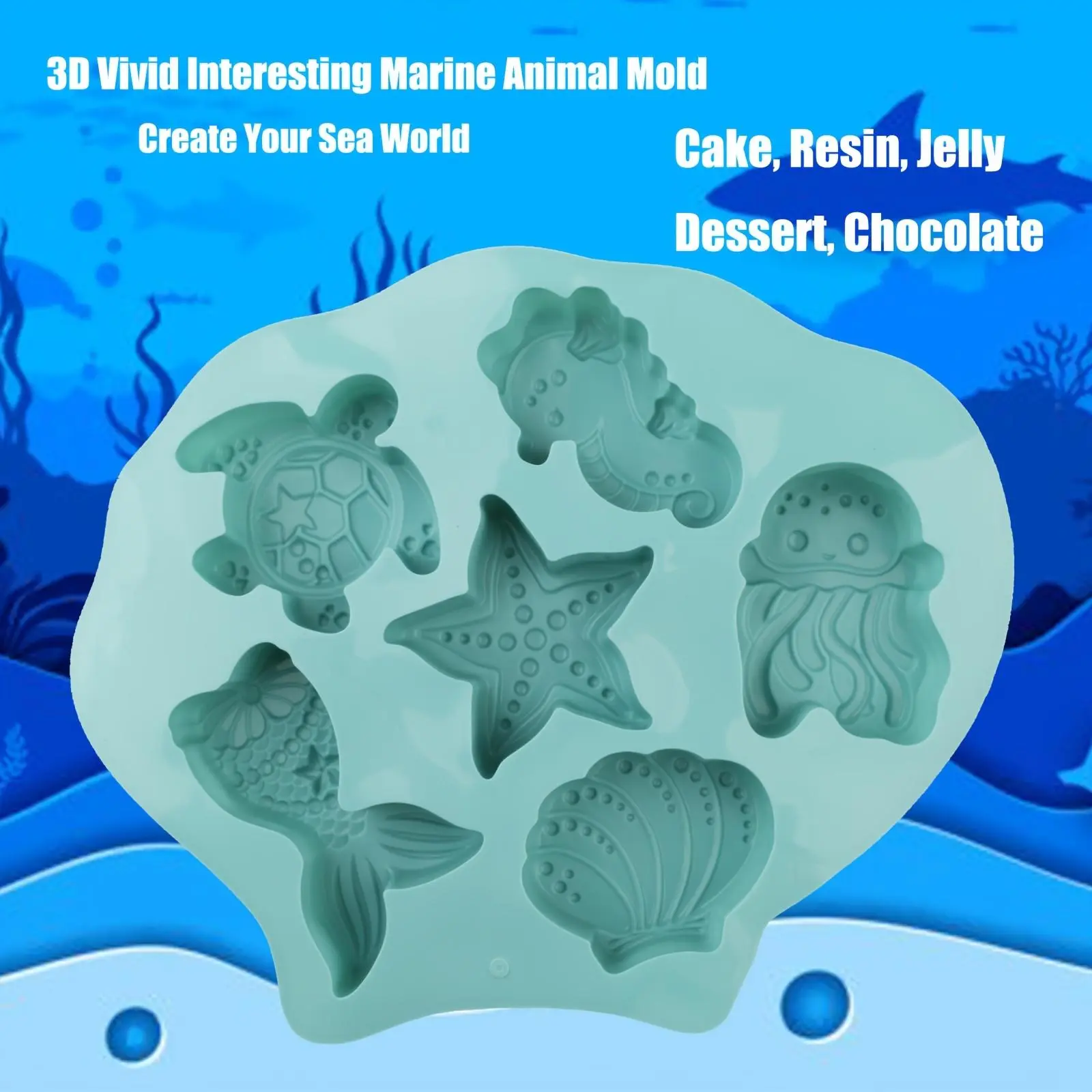 1pc, 3D Marine Animal Shaped Silicone Cake Mold, Including Seahorse, Turtle, Jellyfish, Shell, Mermaid Tail Shaped Mold, Non-Stick Baking Mold, Suitable For Wedding Cakes, Chocolate, Jelly, Holiday Desserts, Baking Tools