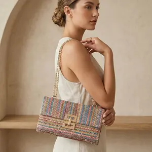 Women's Elegant Straw Clutch Purse Small Envelope Bag Flap Wallet with Chain Strap for Beach and Party