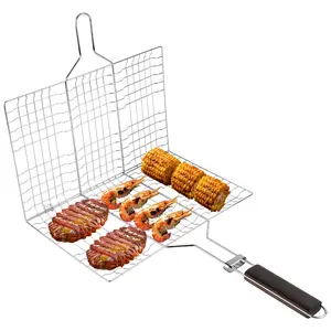 BBQ Grill Basket, Stainless Steel Large Foldable Portable, for Fish Shrimp Vegetables, Perfect for Outdoor Camping Picnics Parties, Easy to Clean, Father Gift