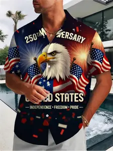 Men's American Traditional 3D Print Short Sleeve Shirt, Eagle and Stars Pattern, Patriotic Celebration Design, Lightweight Comfortable Fabric, Casual Collar Top, Graphic Printed Shirt