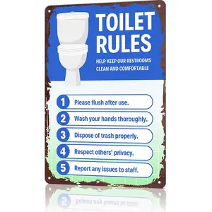 Toilet Rules Help Keep Our Restrooms Clean Metal Tin Sign, 12x8 Inch Aluminum Wall Art, Vintage Public Restroom Poster, Office, Restaurant Bathroom Decor, Staff Notice Sign