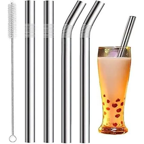 Reusable Smoothie Straw & Milkshake straws, 0.5'' Extra Wide Stainless Steel Straw 10.5'' & 8.5'' Long Straw, 4 Pack Metal Straw with 1 Reusable Straw Brush Cleaner for Milkshake, Smoothie