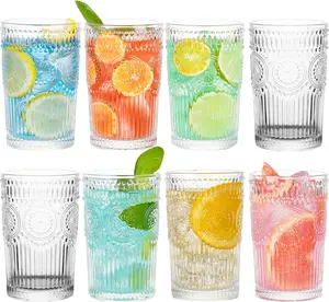 Vintage Drinking Glasses, 8 pcs Embossed Designed Highball Glasses, 13.5oz Glass Cups, Tall Water Glass Tumbler, Mojito Cup, Cocktail Glass, Vintage Glassware Set for Juice, Cocktail, Whiskey