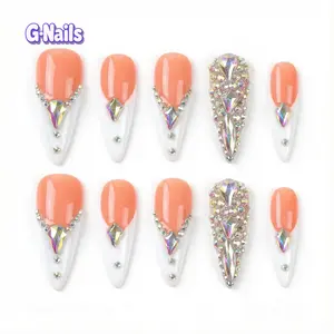 G Nails A65 White French Stiletto Glitter Press On Nails  10pcs Handmade Press On Nails Reusablenail Stilettonails