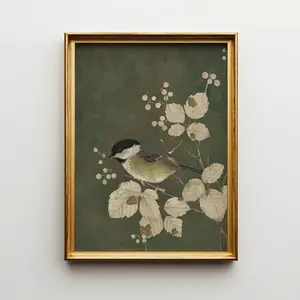 Chickadee Botanical Print: Vintage Bird Illustration Q