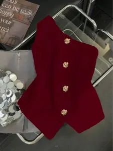 Women's Elegant Solid Color One-Shoulder Metal Decorative Buckle Sleeveless Open Front Fitted Top, Versatile Casual Basic Fashion Shirt, Womenswear