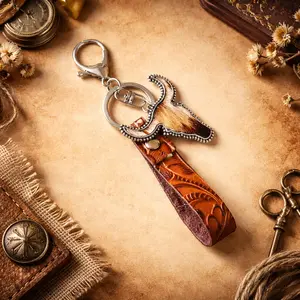 Bull Head Leather Keychain for Men Women, Western Cowboy Key Ring, Vintage Longhorn Style Leather Bag Charm, Car Key Holder, Rodeo Ranch Gift Accessory