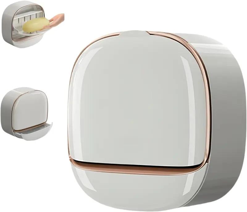 Shower waterproof soap holder, antibacterial wall mounted soap dish with drain and flip cover, keeps soap dry, white