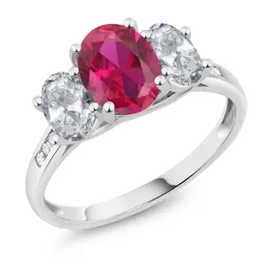 Gem Stone King 2 Cttw 10K White Gold Gemstone Birthstone White Topaz and Diamond Accents 3-Stone Wedding Anniversary Engagement Ring For Women | Oval 8X6MM and 6X4MM | Size 5-9
