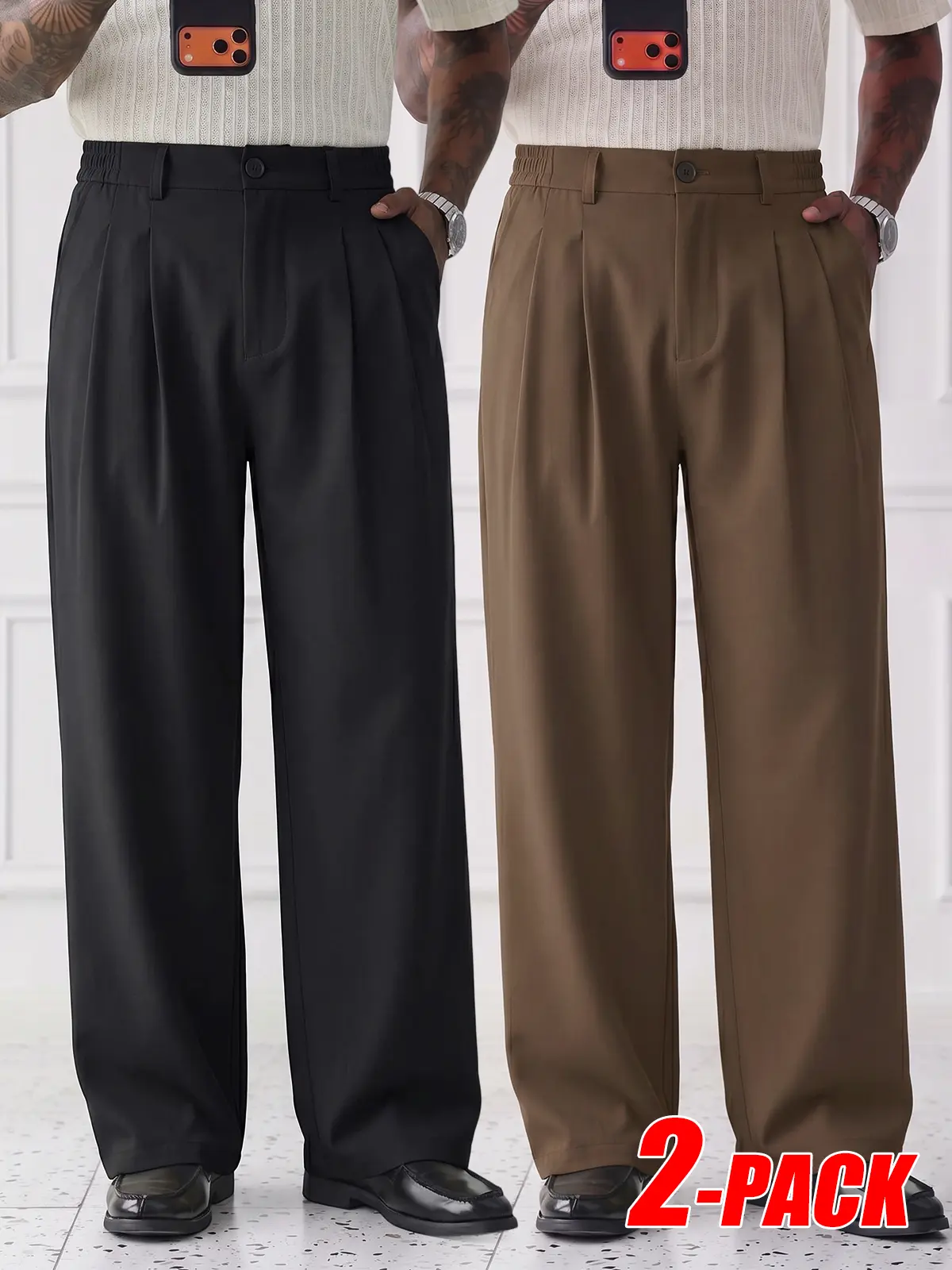 2-PACK Men's Double Pleated Straight Suit Pants, Non-Iron Wrinkle Resist High Drape Trousers, Half Elastic Back Waist, Old Money Style Clean Fit Business Casual Long Pants For Office Commute Value Pack