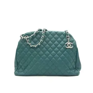 Pre-owned CHANEL leather Shoulder Bags Mademoiselle Medium Bowling Bag in Peacock Green Caviar with Silver Tone Metal