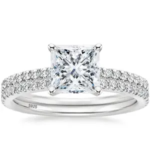 2CT 925 sterling silver bridal ring set, princess cut CZ engagement ring, engagement ring, wedding ring, ladies' Christmas gift