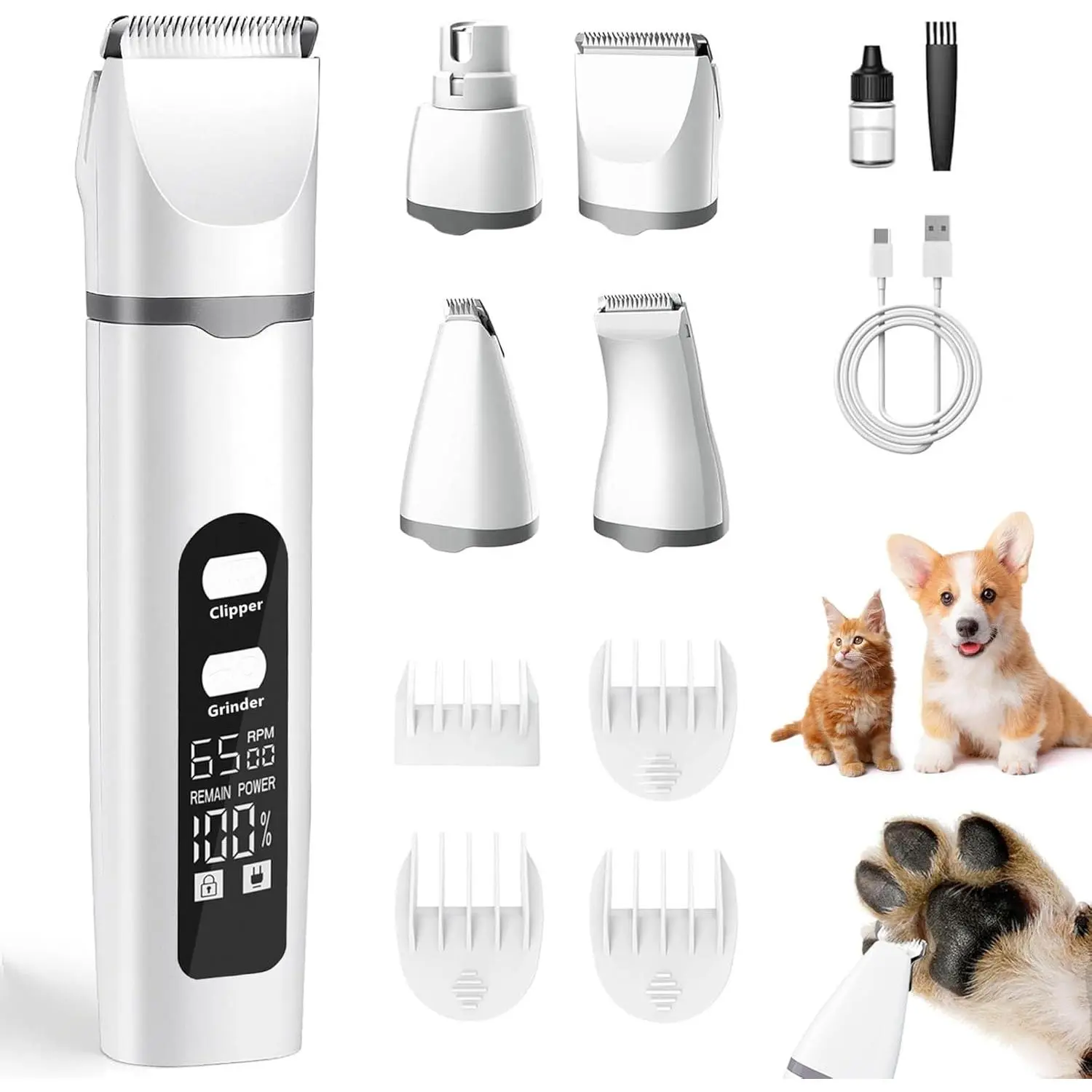 Dog Clippers for Grooming, 4 in 1 Dogs Paw Trimmer Pet Grooming Kit, Low Noise Dog Shavers with Nail Grinder Quiet, Rechargeable Cordless Electric Pets Cli
