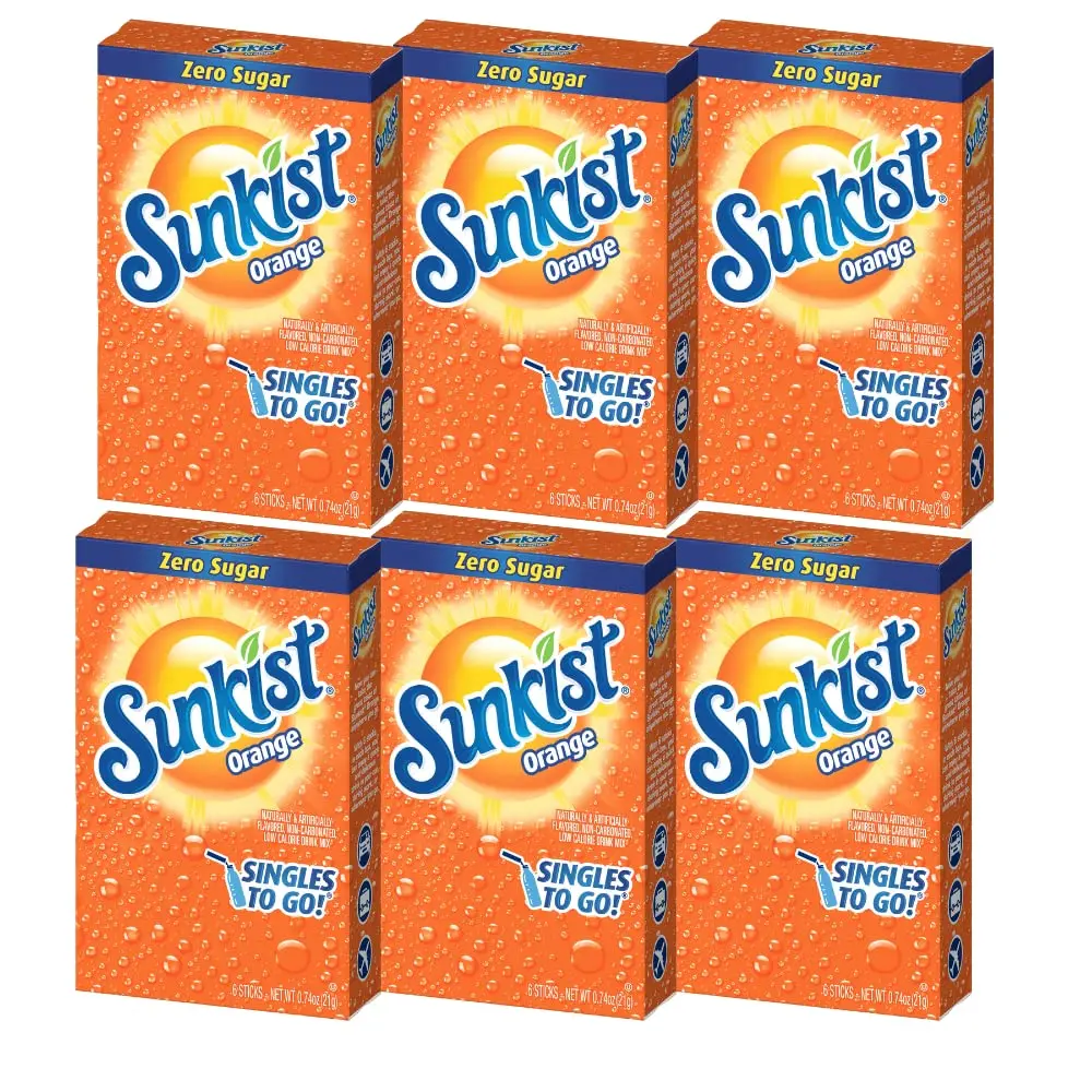 Sunkist Singles To Go Orange Drink Mix Powder Sticks, 6 Boxes (6 Packets Each), 36 Total Servings - Easy On-The-Go Water Flavor Packets