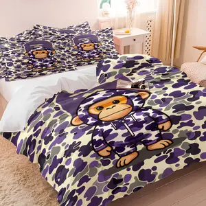 BAPE Light Purple Camouflage Duvet Cover Set, 1 Duvet Cover and 1/2 Pillowcases, Q-Version Hooded Ape Head Image, Soft Comfortable Bedding, Street Trendy Bedroom Decor, Gift for Streetwear Enthusiast