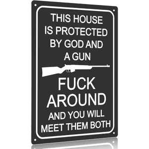 God And A Gun Home Protection Aluminum Sign, Funny Sarcastic Warning Wall Art, Black & White Security Decor for Man Cave & Property, 12x8 Inch