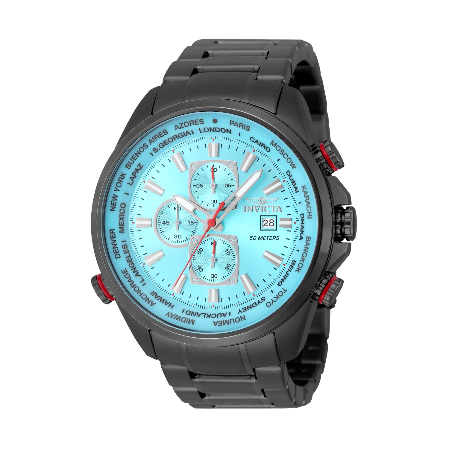 Invicta Aviator Men's 50mm Chronograph Watch Ice Blue Dial Black PVD Stainless Steel Case Bracelet World Time City Ring Bezel Silver Sub-Dials Japanese Quartz VD57 Red Accent Crown 50m Water Resistant Luxury Pastel Pilot Watch, Black Metallic Quartz Watch