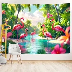 Tropical Island Flamingo Backdrop Exotic Beach Backdrop Lush Greenery Background Cloth Summer Tapestry Wall Hanging Photography Background Polyester Fiber Party Event Photo Booth Studio Decor Studio Prop Vacation Wall