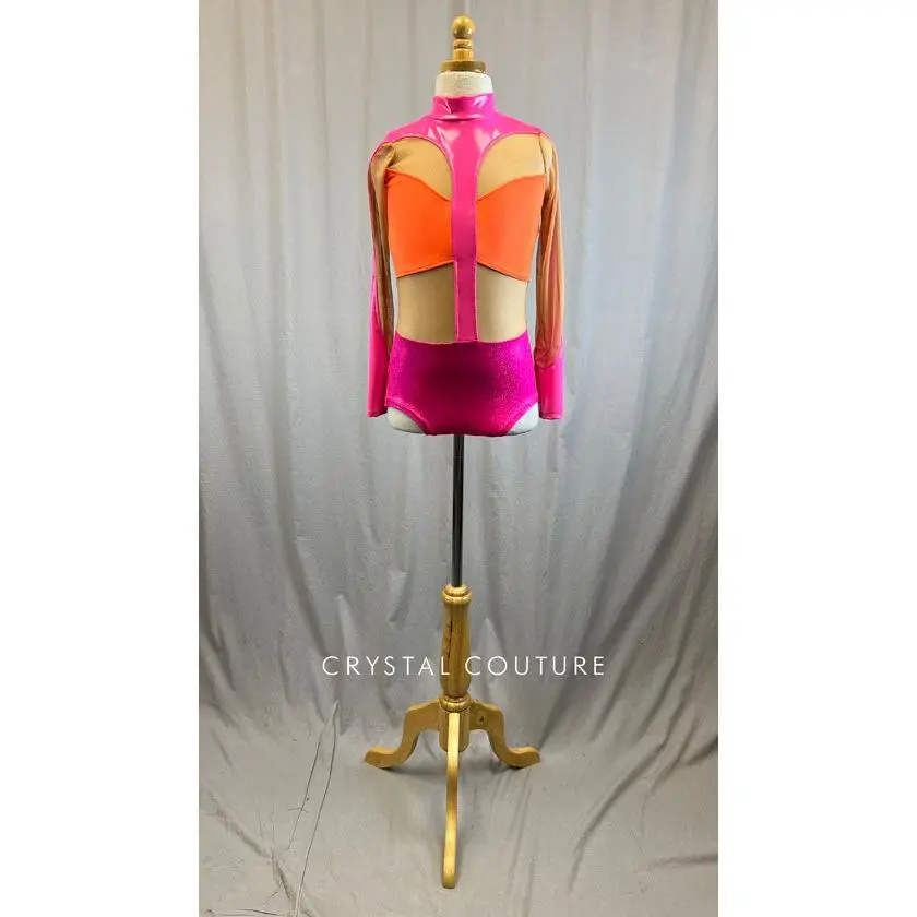 *Brand New* Hot Pink and Orange Pleather and Metallic Leotard with Mesh Inserts