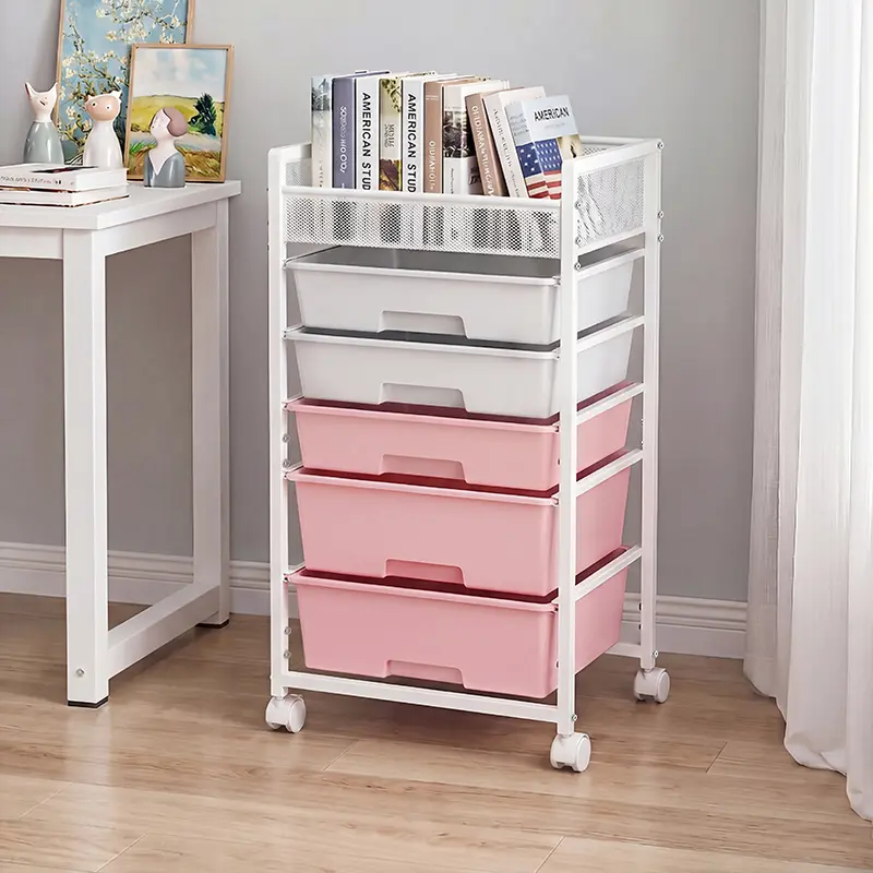 Rolling Storage Cart with Drawers, Art Drawers Organizer with 5 Metal Drawers and Wheels, Mobile Utility Cart for Crafts, Classroom, Office, Bathroom, Bedroom and Kitchen