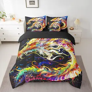 3D Dragon Comforter Set,7 Piece Bed in a Bag,Watercolor Dragon Scale Bedding Set,Antique Mythical Animal Gothic Sheet Set with Comforter