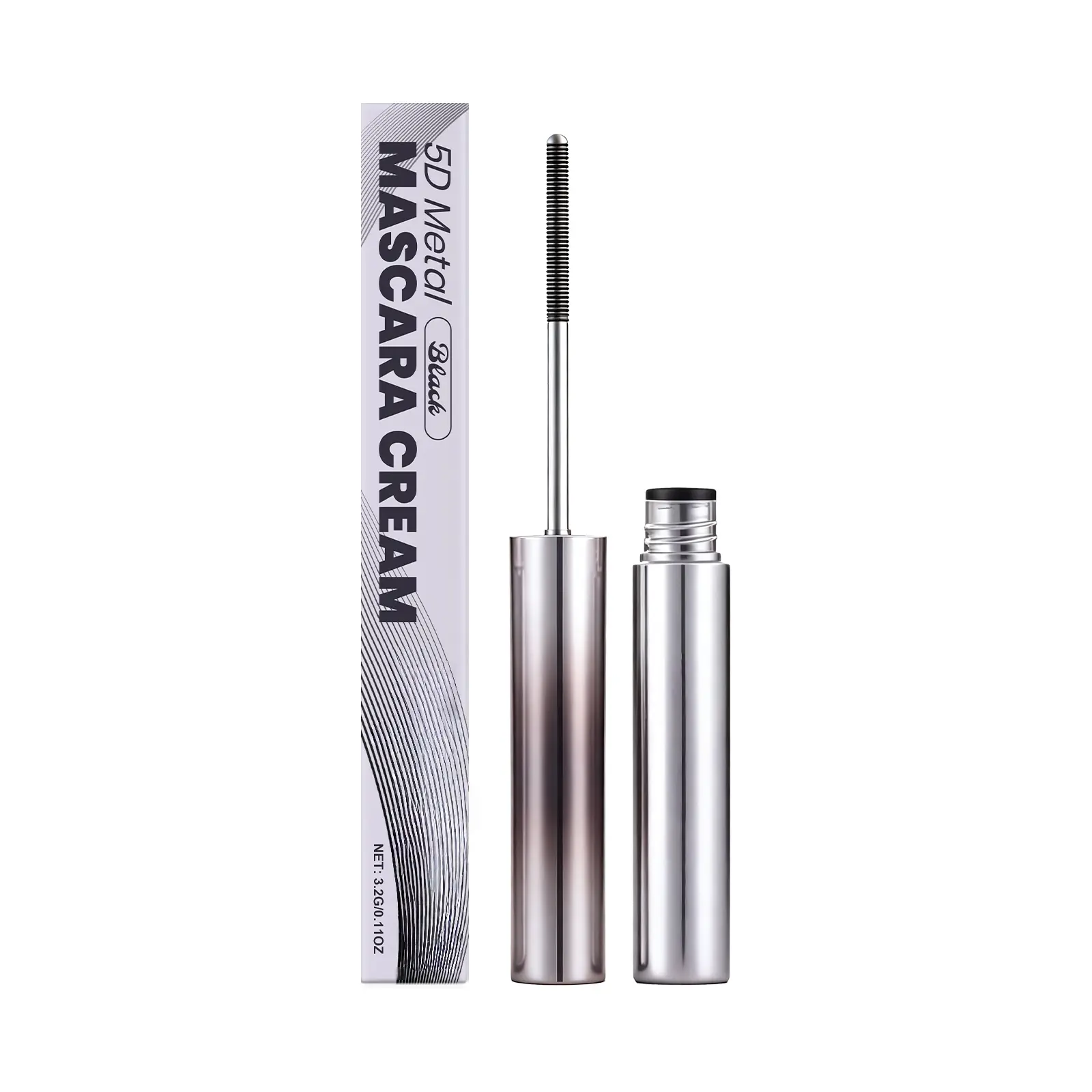5D Metal Wand Mascara with High-Precision Grooved Brush for Clump-Free Definition, All-Day Wear Black Cosmetic for Smooth Eyelashes, Adults, Single Tube, Lengthening, Resists Smudge, 3.2G, Cream