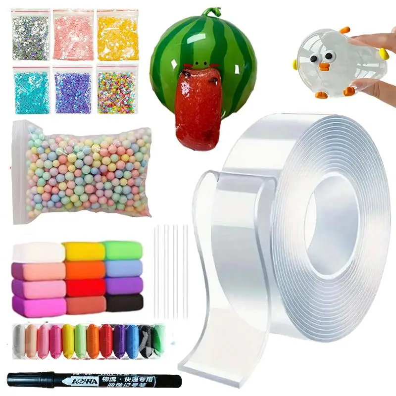 DIY Craft Kit, 1 Set 2mm Thickened Bubble Glue Tape Kit with Clay & Glitter & Pen, Elastic Bubble Glue Tape, DIY Multifunctional Stationery Sticker Cr
