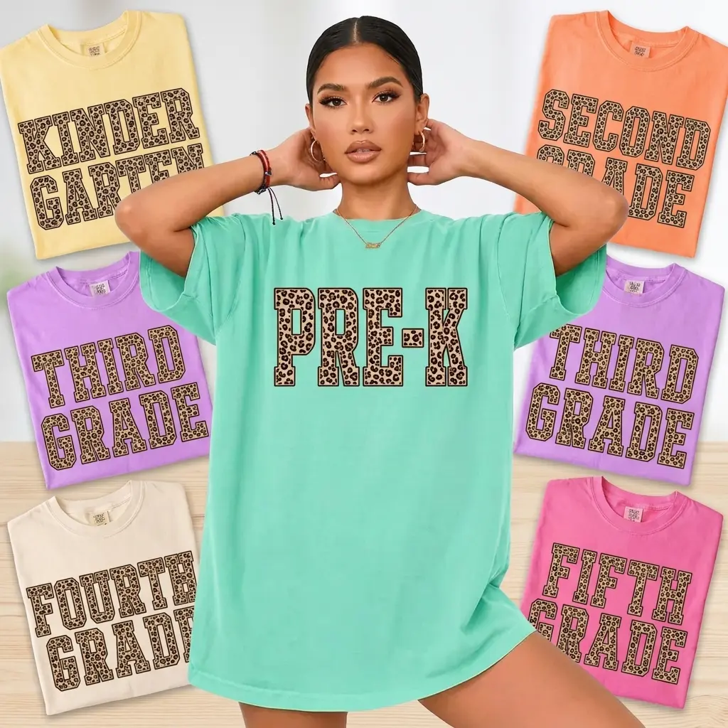 Comfort Colors Leopard Grade Shirt, Pre-K Teacher Shirt, Kindergarten Shirt, First Grade Tee, Second Grade Shirt, Third Grade Shirt, Fourth Grade Teacher Tee, Fifth Grade Shirt, Back To School Shirt, Preschool Crew, Teacher Gift, Back To School Gift