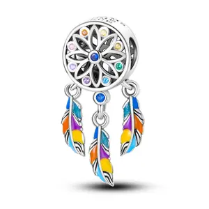 MULA Mystical Dreamcatcher Pendant - 925 silver plated vibrant gemstone and feather pendant, unique gift for women, fits pandora bracelet