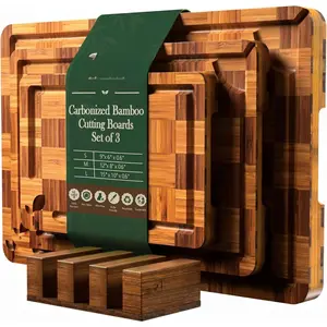 Board Set of 3 with Stand, Checkered End Grain  Boards for Kitchen with Deep Juice Grooves for Meat, Cheese, Charcuterie and Kitchen Prep