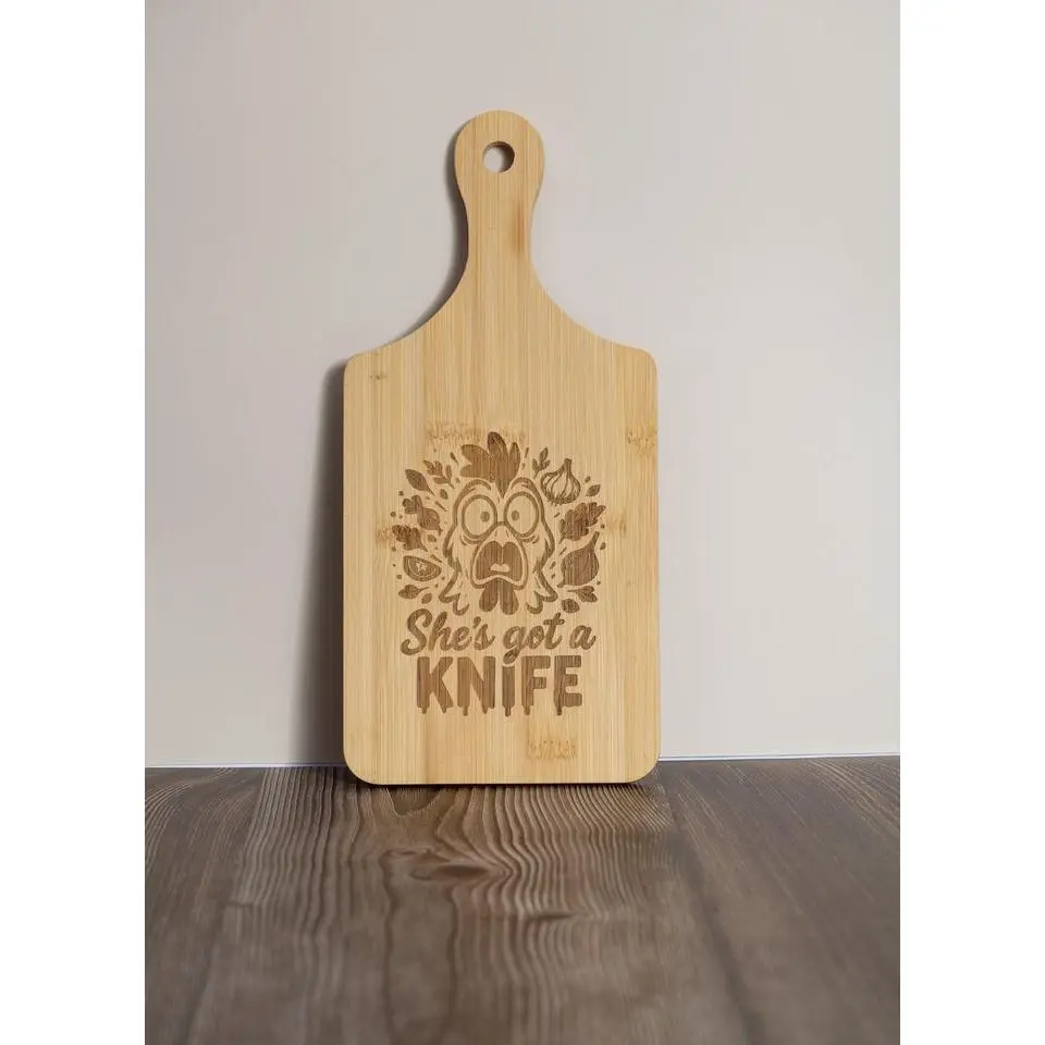 Bamboo Cutting Board – Funny 'She’s Got a Knife' Engraved, Eco Friendly Board 5x11
