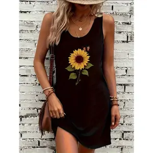 Women'S Sleeveless Tank Dress with Vibrant Sunflower Print - Casual Summer & Spring Dress, Lightweight Polyester, Machine Washable, Perfect for Casual Attire, Summer Dresses