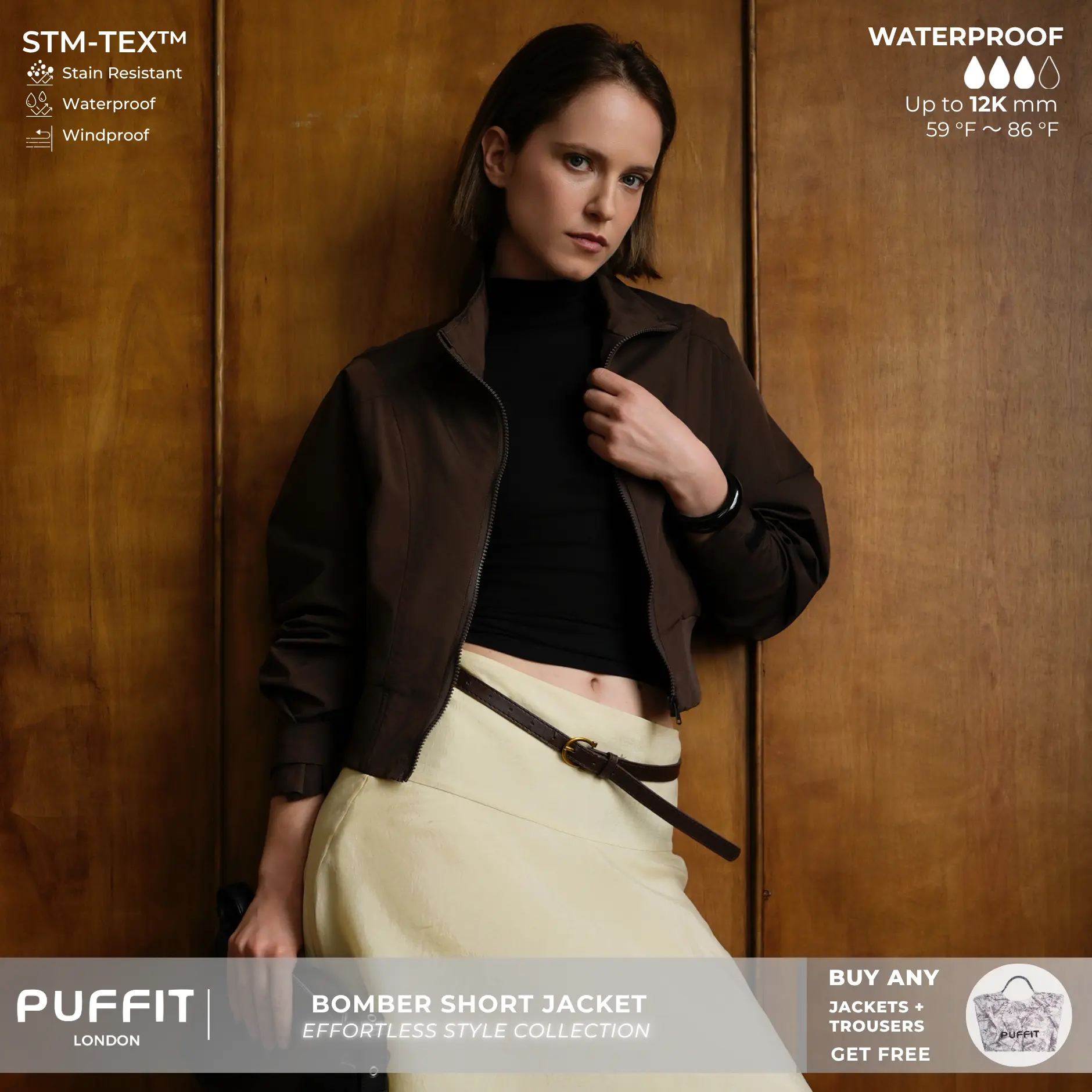 PUFFIT Effortless Style Waterproof Bomber Jacket With Elasticated Ribbed Hem,Adjustable Velcro Cuffs,Waterproof,Stain-resistant,Outdoor Sport,Inner Pocket Design,School Running,Dog Running,Football Mum,Womenswear,Windbreaker,Fall,Winter,2026 Shopping