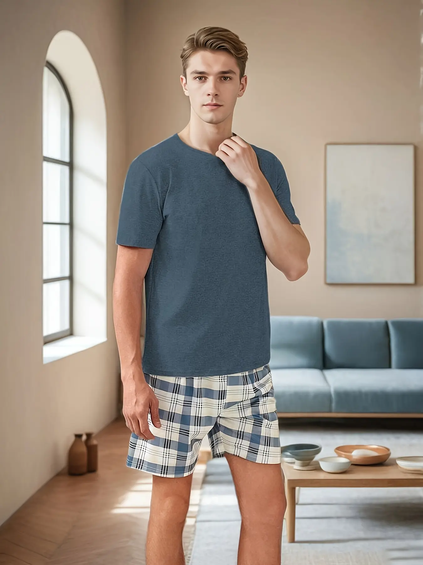 Men's Fashion Summer Pajama Set, Solid Color Short Sleeve Top & Plaid Shorts, Comfortable Polyester Blend, Casual Sleepwear
