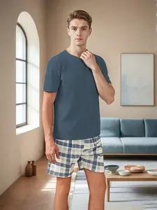 Men's Fashion Summer Pajama Set, Solid Color Short Sleeve Top & Plaid Shorts, Comfortable Breathable Polyester Blend, Casual Sleepwear