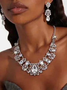 Luxurious Silver Color Teardrop Crystal Necklace and Hollow Earrings Set, Women's Jewelry for Parties, Weddings, Festivals