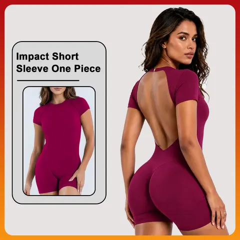 [SIZE UP 1] DENFY Impact Short Sleeve One Piece Women Soft Padded Bralette Tummy Control Butt Lifting Gym Workout Yoga One Piece Activewear [STRONG COMPRESSED] #BackToSchool