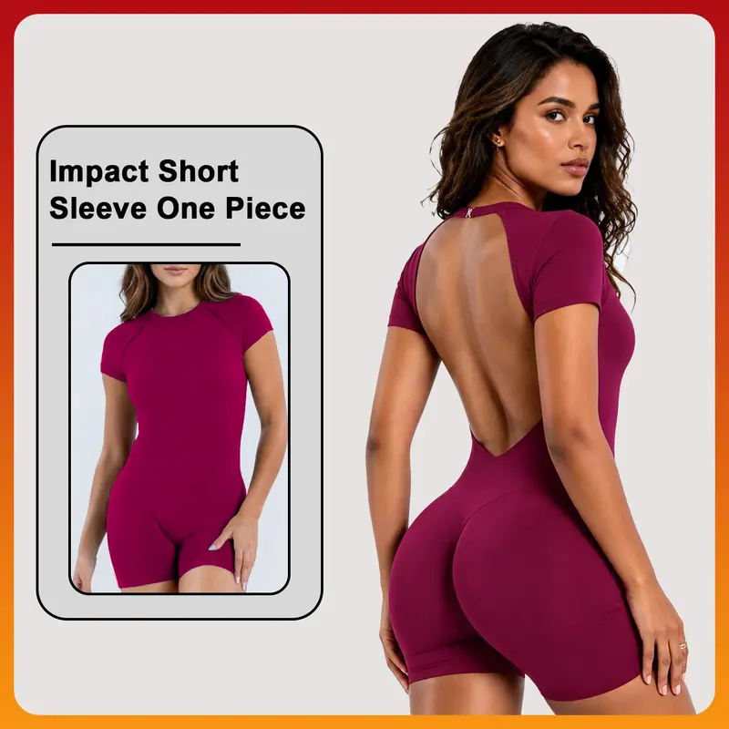[SIZE UP 1] DENFY Impact Short Sleeve One Piece Women Soft Padded Bralette Tummy Control Butt Lifting Gym Workout Yoga One Piece Activewear [STRONG COMPRESSED] #BackToSchool
