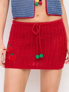 Cider Crochet Knit Mid Rise Tomato Applique Bodycon Mini Skirt