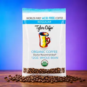 Tyler's Coffee Organic Regular Whole Bean 12oz Bag - World's First Acid-Free Coffee USDA Certified AAA Arabica Beans Natural Taffy Flavor