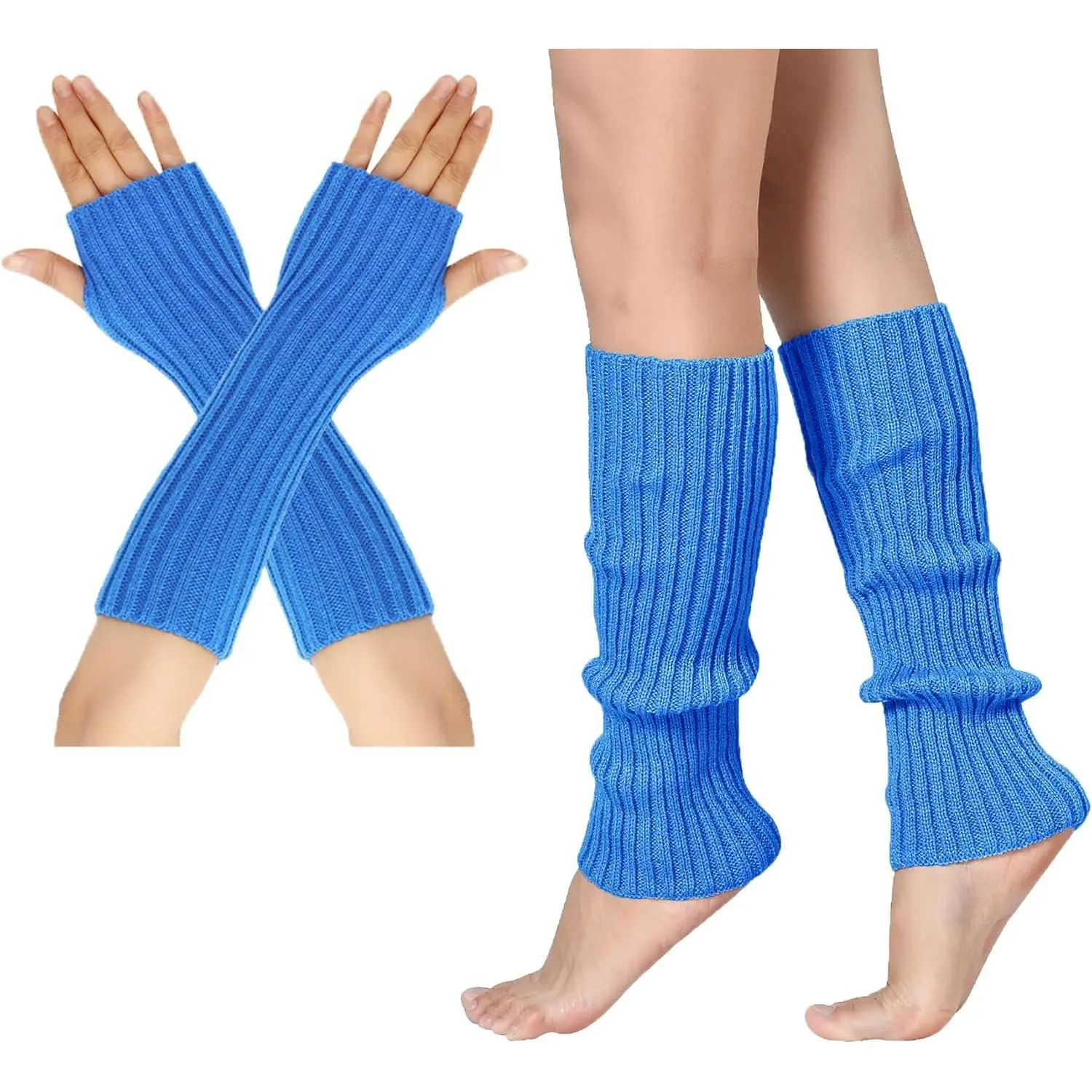 Women's Ribbed Acrylic Knit Arm and Leg Warmer Set Black - 80s Look Fingerless Gloves Matching Accessories for Dance & Yoga, Breathable Sports Socks & Outdoor Accessories, Dancing, House, Daughter, Wife