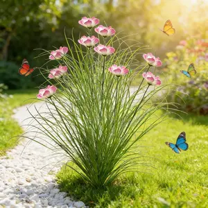 6pcs Realistic Artificial Outdoor Flowers & Bulb Grass – Plastic Replica of Gerbera & Bulb Grass Ground Plants for Garden, Terrace, Hotel Decoration – Easy Maintenance for All Seasons (No Watering, No Flower Pots Included)