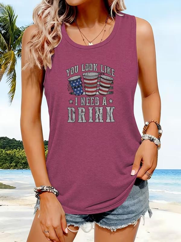 Women's Retro Distressed Flag Pattern Cotton Soft Beach Tank Top - Screen Printing Funny Quote, Round Neck Sleeveless Holiday Casual Heather Womenswear, Worn Effect, Basic