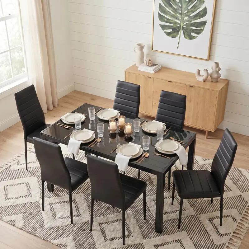 【2 Packages Shipping】Gizoon Glass Dining Table Sets for 6, 7 Piece Kitchen Table and Chairs Set for 6 Person, PU Leather Modern Dining Room Sets for Home, Kitchen, Living Room Seater Aesthetic