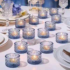 24 Pack Blue Tealight Candle Holders Diamond Glass Votive Candle Holders Bulk for Wedding Centerpieces Beach Theme Bridal Shower Baby Boy Shower Birthday Party Decor