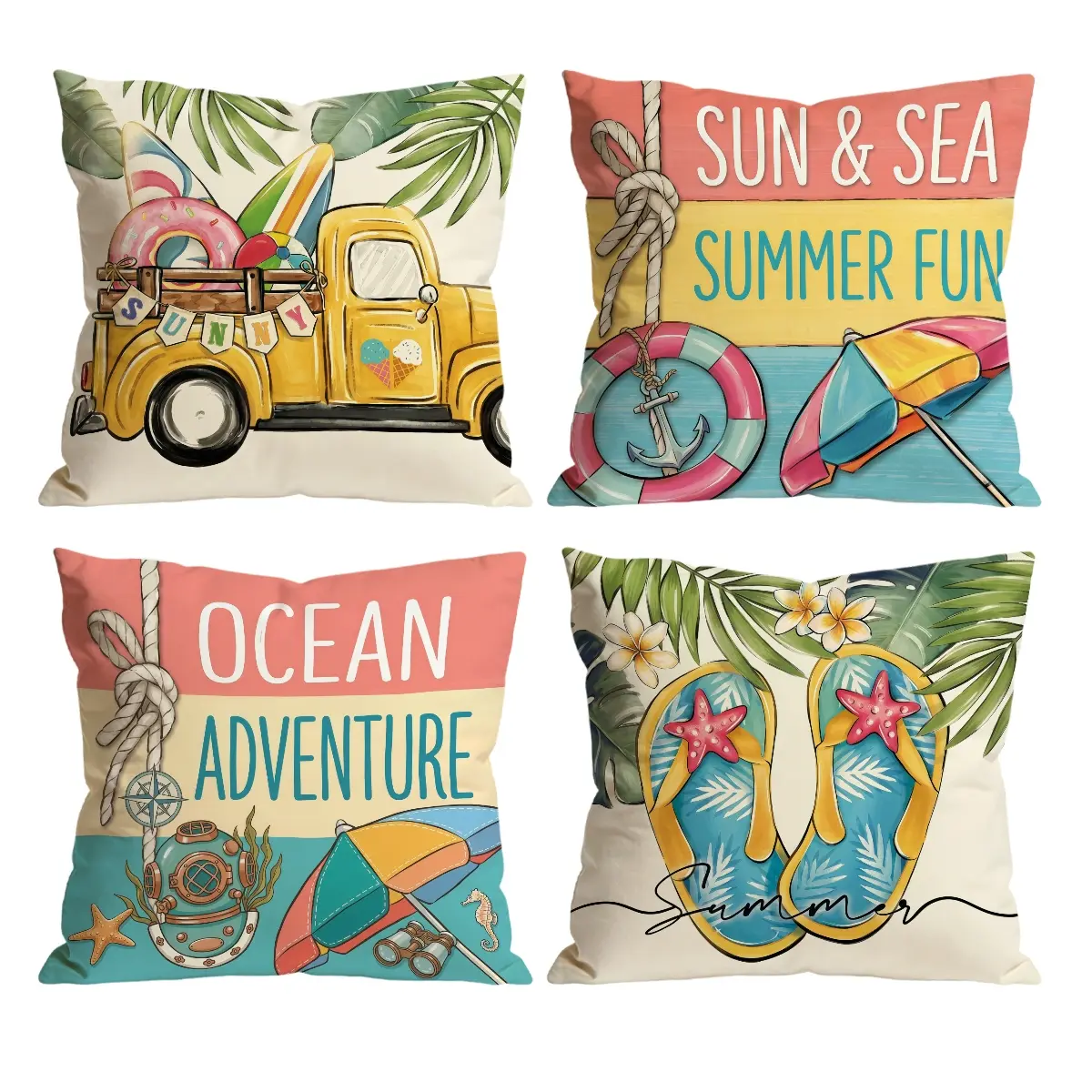 Summer Throw Pillow Covers Set of 4 | Sun & Sea Summer Fun Ocean Adventure Beach Truck Flip Flop Cushion Covers For Patio Couch Living Room Home Decor 0508YA